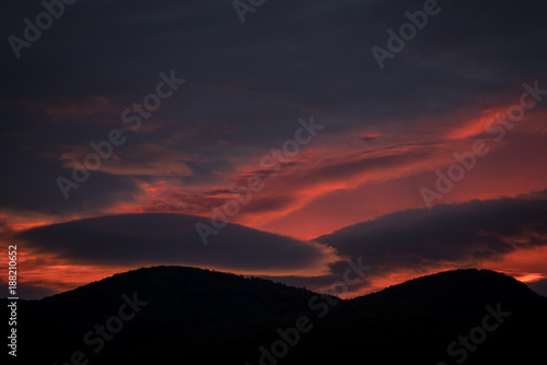 Dramatic sky before sunrise in carpathian mountains