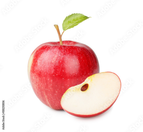 Ripe red apple with leaf and slice isolated on a white background