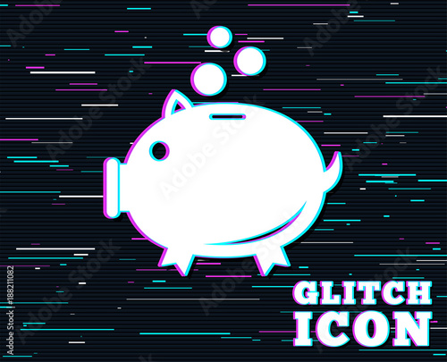 Glitch effect. Piggy bank sign icon. Moneybox symbol. Background with colored lines. Vector