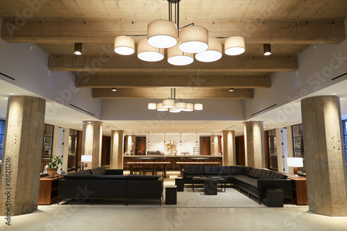 Empty bar lounge area in modern business premises, wide shot photo