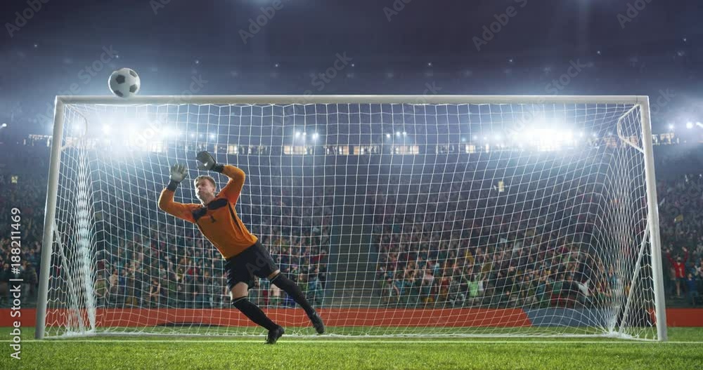 Soccer player on a professional soccer stadium. Stadium and crowd is made in 3D and animated
