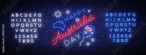 Happy Australia Day on January 26 festive background with flag in neon style. Neon sign. Layout of the template for card, banner, poster, flyer, card. Vector illustration. Editing text neon sign