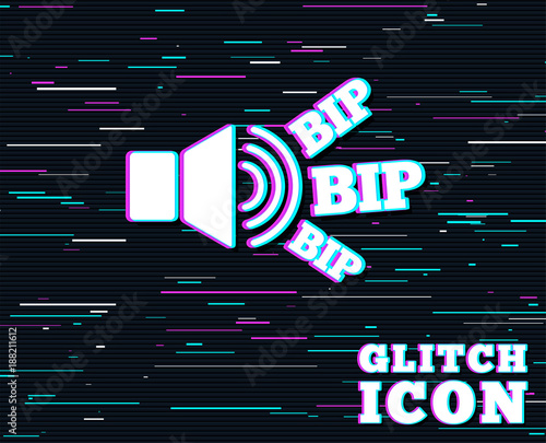 Glitch effect. Speaker volume icon. Sound with BIP symbol. Loud signal. Background with colored lines. Vector