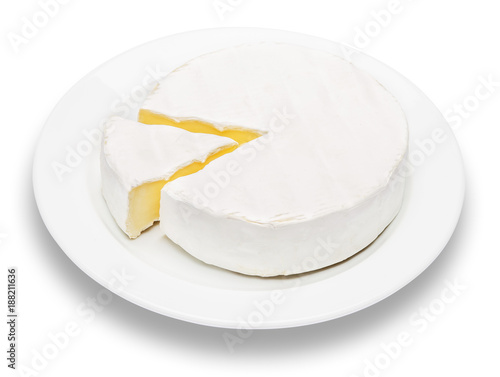 Round brie or camambert cheese on the plate white background