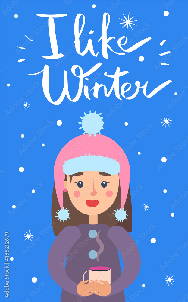 Fototapeta premium I Like Winter Girl Snowflakes Vector Illustration