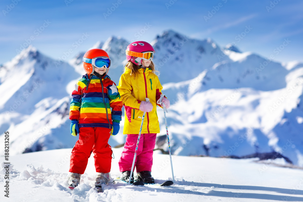 Ski and snow winter fun for kids. Children skiing. Ski and snow winter fun for kids. Children skiing.