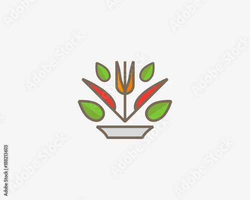 Linear healthy food vector logo design. Fork knife plate leaf logotype.