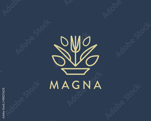 Linear healthy food vector logo design. Fork knife plate leaf logotype.