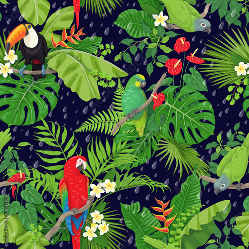 Tropical Birds and Rain Drops Pattern