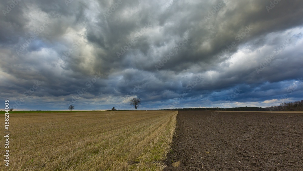 Stubble field landscape under cloudy sky Stubble field landscape under cloudy sky