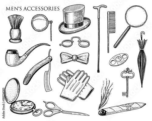 gentleman accessories. hipster or businessman, victorian era. engraved hand drawn vintage. brogues, briefcase, mustache, shirt and cigar. cylinder hat, smoking pipe, straight razor, monocle, pince-nez