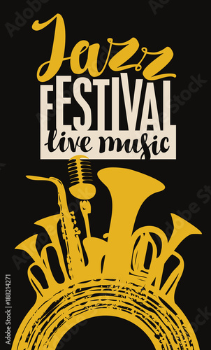 Vector poster for a jazz festival live music with yellow silhouettes of saxophone, wind instruments, microphone and vinyl record in retro style on black background