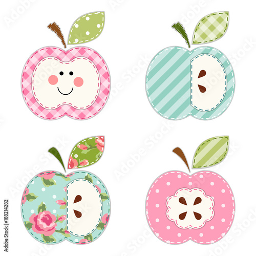 Cute apples with seeds or as a character as retro fabric applique