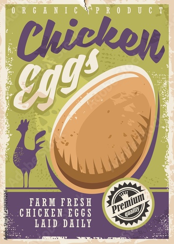 Farm fresh chicken eggs poster with chicken silhouette and organic egg graphic