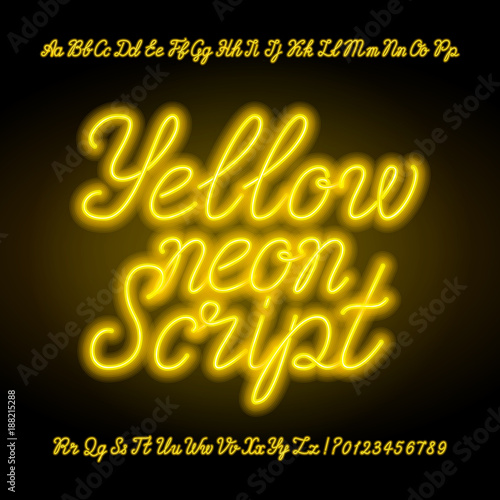 Yellow neon script alphabet font. Handwriting neon uppercase and lowercase letters and numbers. Hand drawn vector typeface for your headers or any typography design.