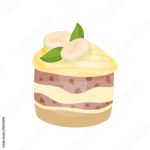 Delicious dessert with banana and caramel, banoffee pie cartoon vector Illustration