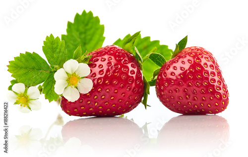 Strawberries with green leaf and flowers, isolated on white