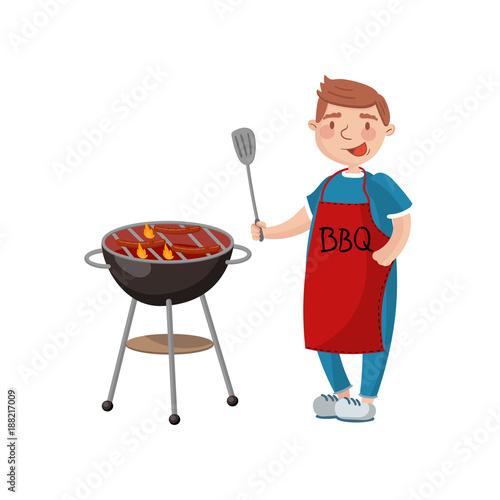 Young man cooking meat on the barbecue grill cartoon vector Illustration