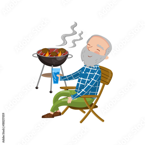 Happy smiling grandpa grilling barbecue while sitting on the chair and drinking, cartoon vector Illustration