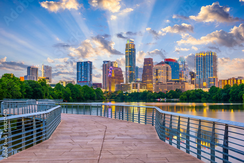 Austin, Texas, USA cityscape on the river and walkway. photo