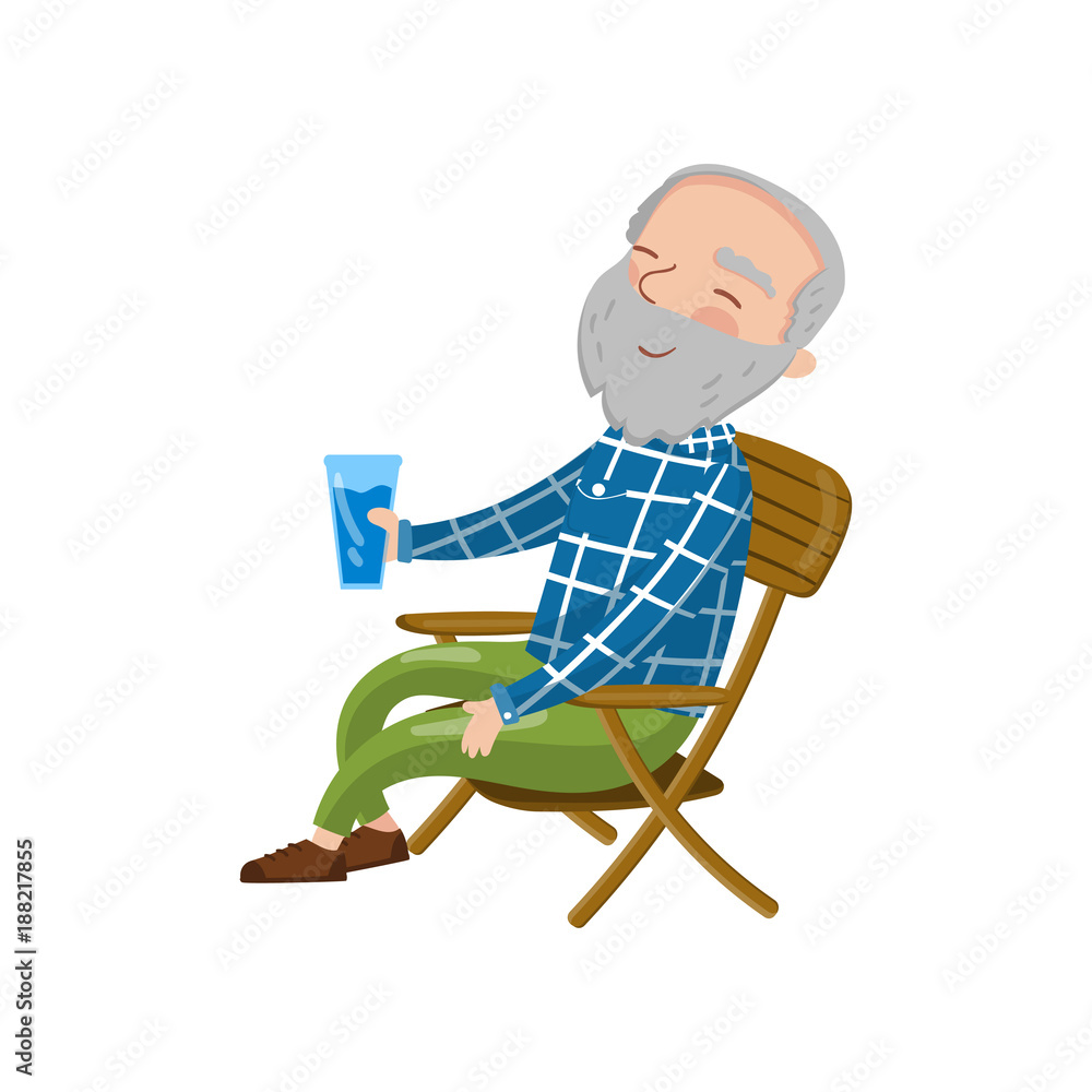 Fototapeta premium Happy smiling grandpa sitting on the chair and drinking, cartoon vector Illustration