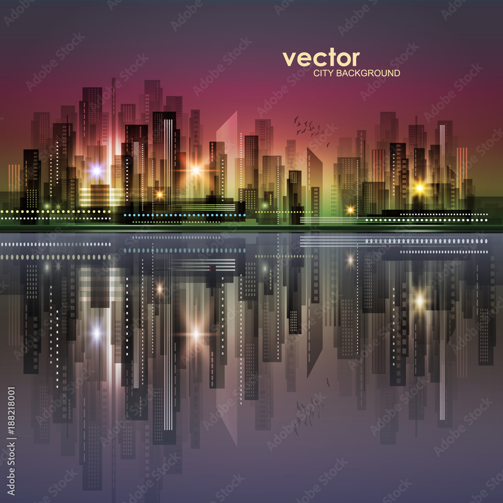 Night City skyline with glowing lights, vector illustration