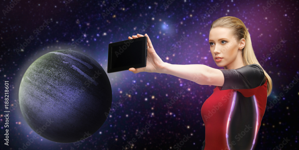 futuristic woman with tablet pc over space futuristic woman with tablet pc over space