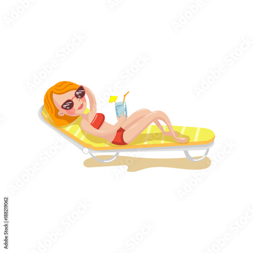 Happy smiling woman relaxing on a chaise longue and drinking cocktail cartoon vector Illustration