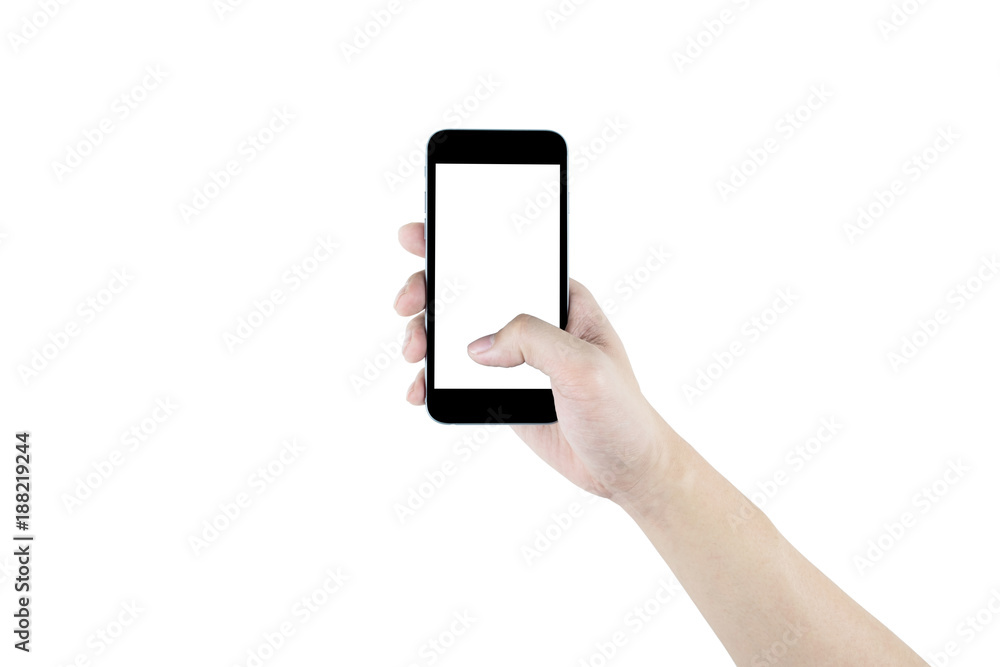 Right hand is holding black smartphone, isolated on white background. Clipping path embedded. Right hand is holding black smartphone, isolated on white background. Clipping path embedded.