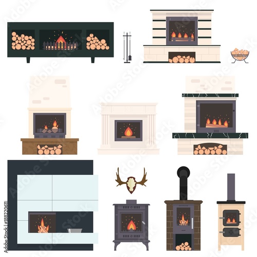 Set of fireplaces and accessories to them. Stone and brick classical and modern fireplaces. Fire and firewood. Reindeer antlers on the wall.