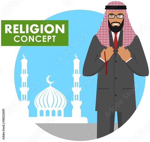 Prayer time. Religion concept. Muslim person with beads in hands pray standing on the background silhouette of mosque and minarets. Arabic man pray. Vector illustration.
