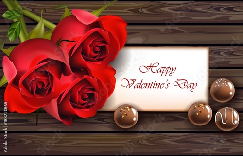 Happy Valentine day card with red roses realistic Vector. Chocolates, Love no...