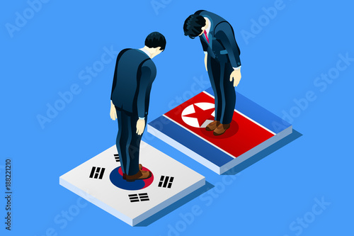 North Korea and South Korea peace negotiation infographic with flags. Standing bowing men on flag vector illustration