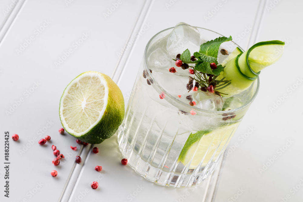 fancy gin and tonic selection drink alcohol cocktail craft fresh fruit spices mint glass bar