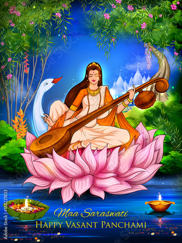 Goddess of Wisdom Saraswati for Vasant Panchami India festival background