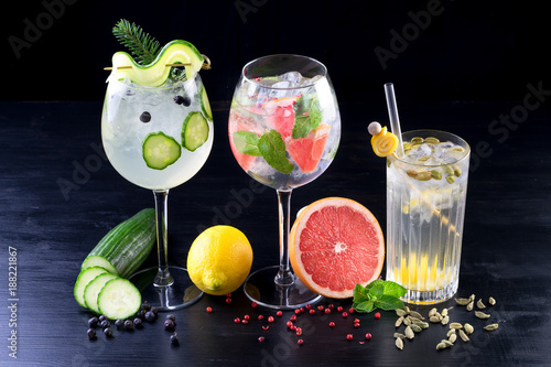 Obraz na płótnie fancy gin and tonic selection drink alcohol cocktail craft fresh fruit spices mint glass bar w salonie