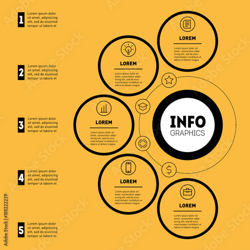 Infographic or Business presentation with 5 options. Vector infographics or mind map of technology or education process with 5 steps. Web Template of a chart, annual report, mindmap or diagram.