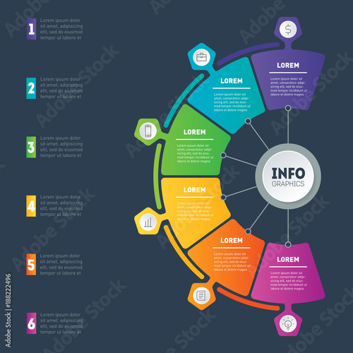 Business presentation or infographic with 6 options. Web Template of a chart, info graphic, mindmap or diagram. Vector infographics or annual report with 6 parts of technology or education process.