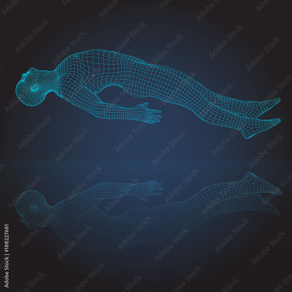 3D wire frame human body.Horizontal lying levitation figure Stock
