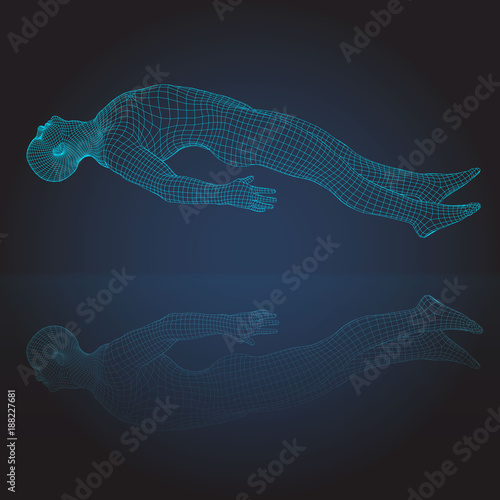 3D wire frame human body.Horizontal lying levitation figure
