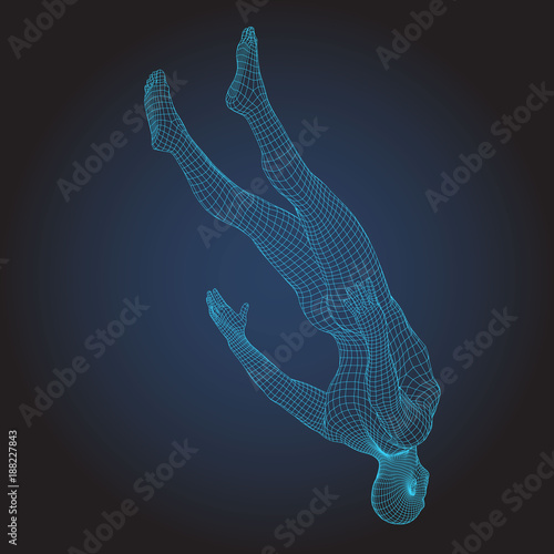 3D wire frame human body.Jumping Fall figure