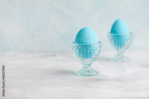 Tender white blue Easter decoration, painted Easter eggs. Copy space, Ester postcard concept.