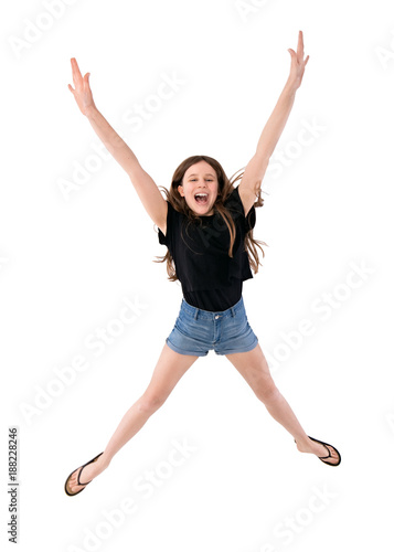 happy girl jumping isolated in white