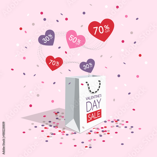 Valentine's day sale symbol with shopping bag, flying hearts and confetti isolated on light background. Easy to use for your design with transparent shadows.