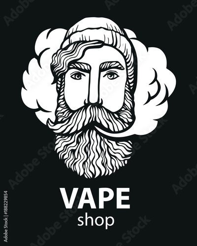 Hipster with vape and cloud. isolated vaper men on black vector background. Hand-drawn hipster dude with mustache and beard. Electronic Cigarette. Vector. Sticker