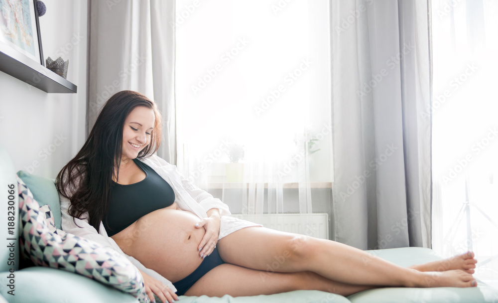Relaxed smiling pregnant woman lying on sofa resting at home Relaxed smiling pregnant woman lying on sofa resting at home