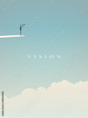 Business vision concept vector motivational poster with businessman on jumping board looking into future. Symbol of challenge, opportunity, goals, success, leadership.