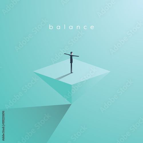 Business concept of balance, vector illustration. Businessman standing on top of inverted pyramid. Symbol of work life balance, equality, stability. photo