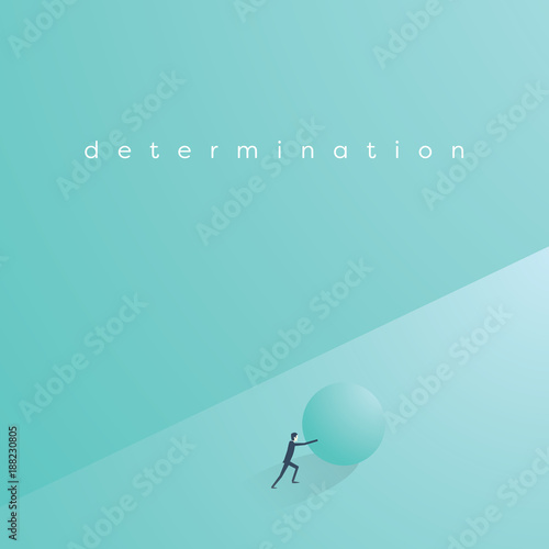 Business determination and perseverance concept. Businessman pushing ball uphill in struggle. Symbol of challenge and motivation.