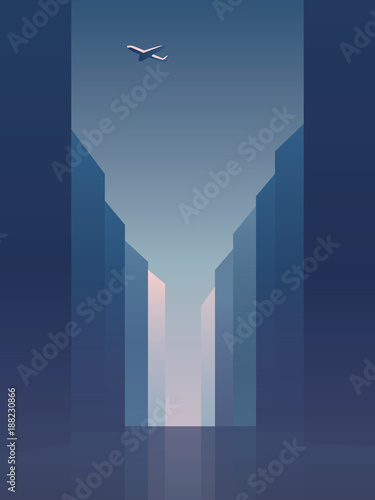 Street between skyscrapers with plane flying in the sky, vector background. Corporate financial district architecture concept with perspective.